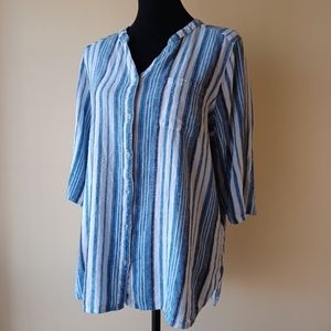 Linen Rayon Blend Blue Black White Stripe Short Sleeve Button Down Shirt